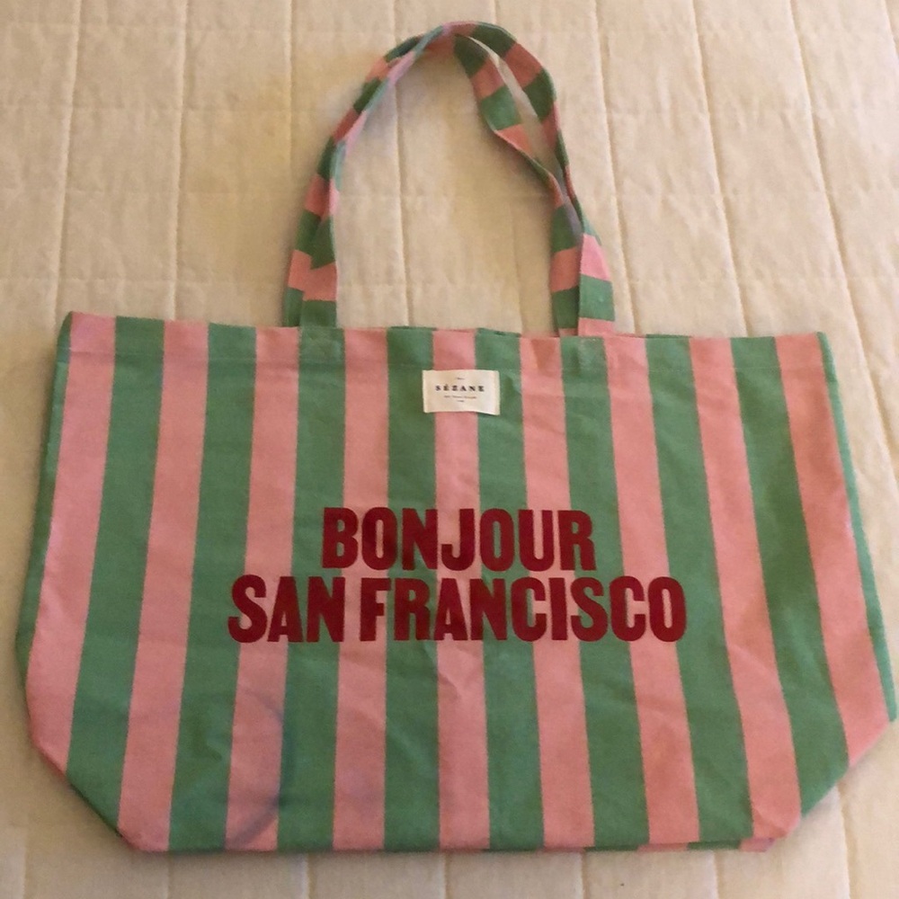 Sezane Striped Pink and Green Canvas Tote Bag